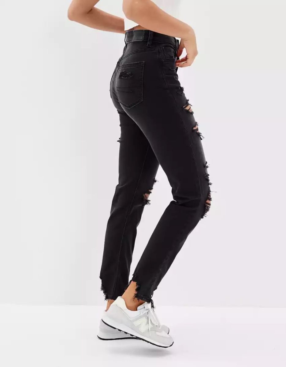 Jean American Eagle AE Strigid Ripped Mom Noir Femme | KDI-09375505